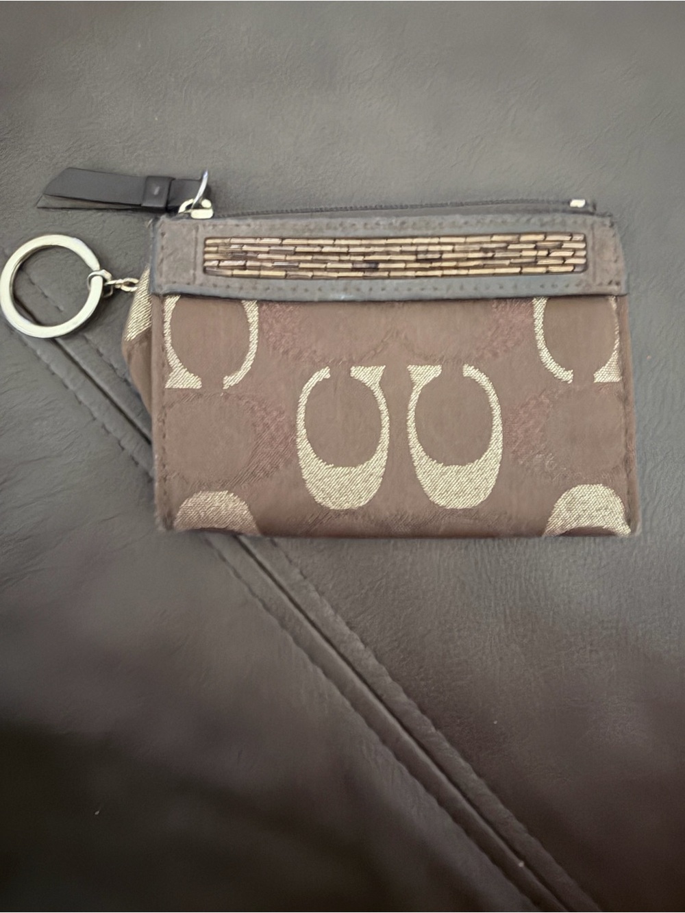 Coach Brown Signature Canvas Wristlet with Metallic Accent